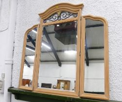 Large wooden trifold mirror with metal scroll decoration,