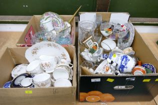 Three boxes of tea sets, ceramics, glassware, ornaments,