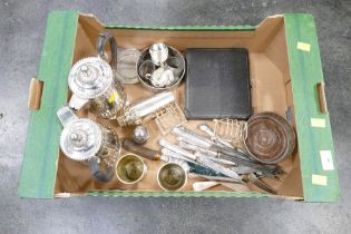 Box of plated ware, teapots, cutlery, toast racks,