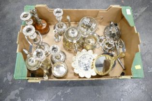 Box of plated ware, candlesticks, teapot,