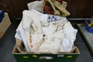 Box of fabric, doilies, embroideries, linen,