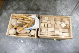 Two wooden crates containing skittles and wooden building blocks