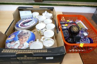 Two boxes of commemorative ware, plates, mugs, paperweights, spoons,