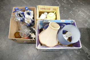 Three boxes of Oriental ceramic ornaments, glassware, teapots,