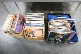 Suitcase and two boxes containing vinyl LP's, Rod Stewart, The Pointer Sisters,