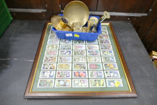 Brassware and framed picture of Wills Cigarette cards