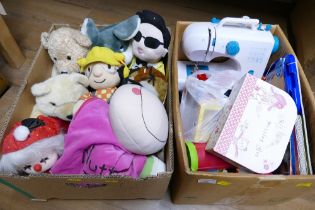 Two boxes of toys, soft toys,
