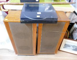 Pair of wooden cased speakers and Aiwa record player