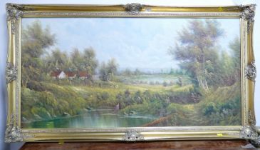 Rural painting in ornate gold coloured wooden frame.