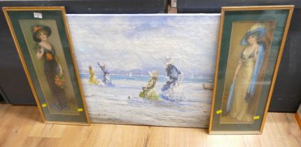 Oil painting beach scene and a pair of prints, Edwardian ladies.