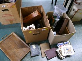 Two boxes of books, postcards, glass brewery bottles, ceramics,