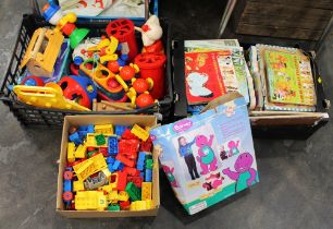 Three boxes of children's books, puzzles, Lego Duplo,