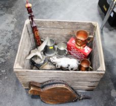 Wooden crate containing bellows, tankards, ornaments, chess game,