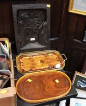 Two wooden trays and street scene plaque