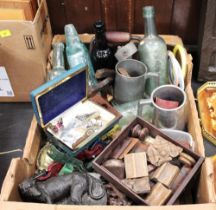 Box of glass brewery bottles, vintage diecast toys, costume jewellery,