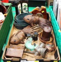 Box of wooden fish ornaments, trinket boxes, Spong mincer, clock,