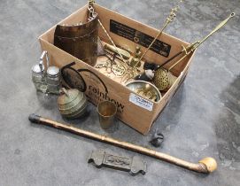 Box of brassware, metalware, fireside accessories,