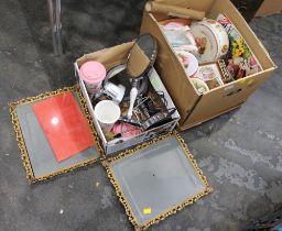 Two boxes of tins, shaving mirrors, mugs, picture frames,