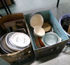 Two boxes of cookware including baking trays, Pyrex dishes,