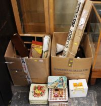 Two boxes of vintage tins, door curtain rod, light fittings, wooden trays,