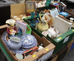 Two boxes of ceramics, part tea sets, ashettes, tureens, glass water jugs,