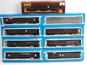 Nine 00 gauge boxed LMS coaches by Airfix