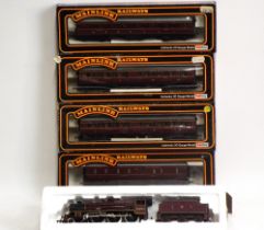 00 gauge mainline 4-6-0 Leander locomotive and tender together with four LMS coaches with matching