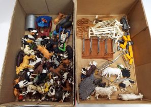 Two boxes of mostly Britain's farm and zoo animals and accessories