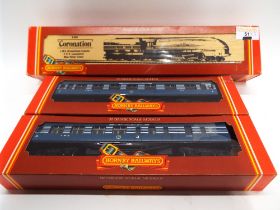 Hornby 00 gauge coronation class locomotive R685 and two blue and silver LMS matching livery