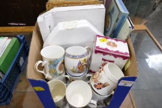 Box of commemorative mugs, decorative plates, books,