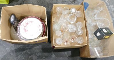 Three boxes of ceramics and glassware, wine glasses,