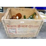 Wooden advertising crate for White Horse Cellar Blended Scotch Whisky, containing vintage chemist,