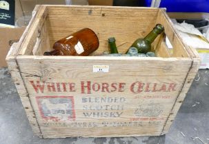 Wooden advertising crate for White Horse Cellar Blended Scotch Whisky, containing vintage chemist,