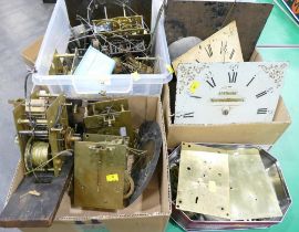 Four boxes of clock parts, clock faces, workings, springs, Horology Magazines,