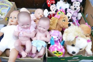 Two boxes of mixed baby dolls and clothes including Annabell and 2 Newborn, soft toys,