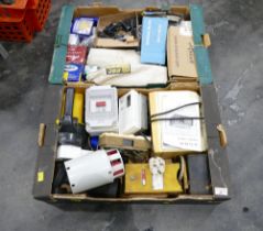 Two boxes of electrical equipment, Alba portable television, socket sets, light fittings,