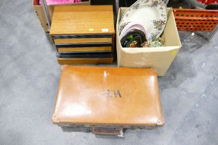 Vintage leather suitcase, cassette tape,