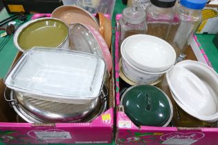 Two boxes of cookware, retro Pyrex dishes, earthenware tureens,