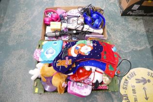 Two boxes of soft toys, headphones, recorders, Christmas stockings, toys, Various Wii Games,