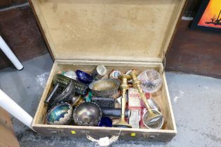 Vintage suitcase of Carnival Glass, brass candlesticks, metal iron, vases, ornaments,