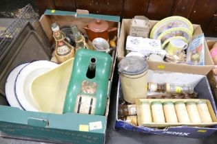 Three boxes of vintage kitchenalia, scales, Spong mincer, enamelled plates, spice rack and tins,