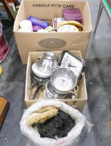 Two boxes of vintage storage and biscuit tins, saucepans, cookware, etc.