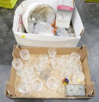 Two boxes of glassware, infra-red lamp, lamp shade,