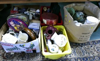 Five boxes of ceramics, tins, ornaments,
