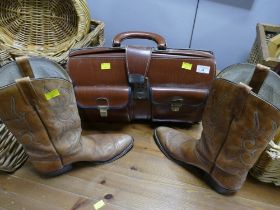 Leather satchel and pair of leather Chisholm American cowboy boots