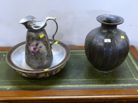 Ribbed bulbous pottery vase, 37 cm high,