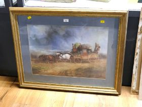 Framed picture of horse and coach,