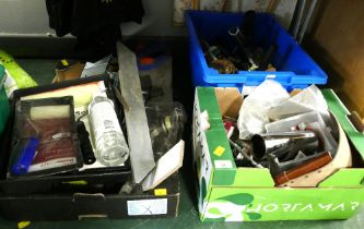 Three boxes of tools, painting equipment, hand saws, bolts,