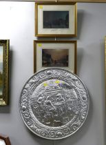 Two street scene prints and silver coloured metal plaque