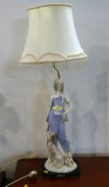 Ceramic figural lamp base and shade, lady and dog, by the Elegant Collection,